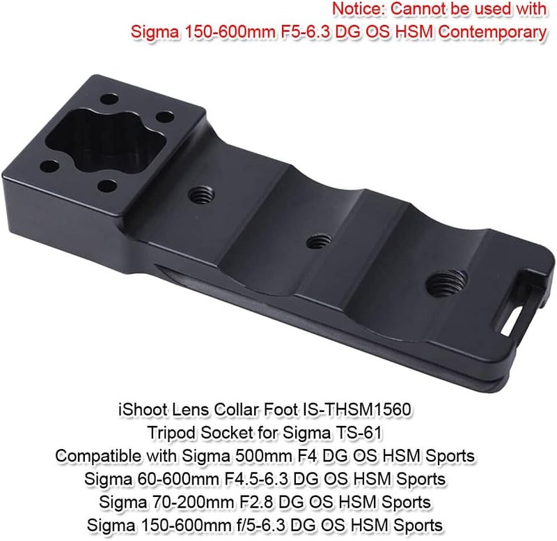 iShoot Lens Collar Foot Stand Tripod Mount Ring Base Compatible with Sigma 150-600mm f/5-6.3 DG OS HSM Sports, 60-600mm f/4.5-6.3 DG OS HSM Sports, 70-200mm f/2.8 DG OS HSM Sports, 500mm f/4 DG OS HSM Sports - Image 2